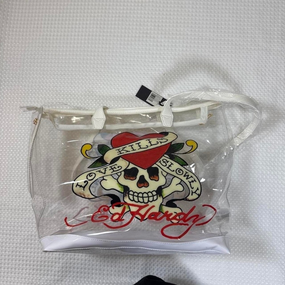 Ed Hardy clear Tote Bag with skull, heart and 'LOVE KILLS SLOWLY' graphic NWT